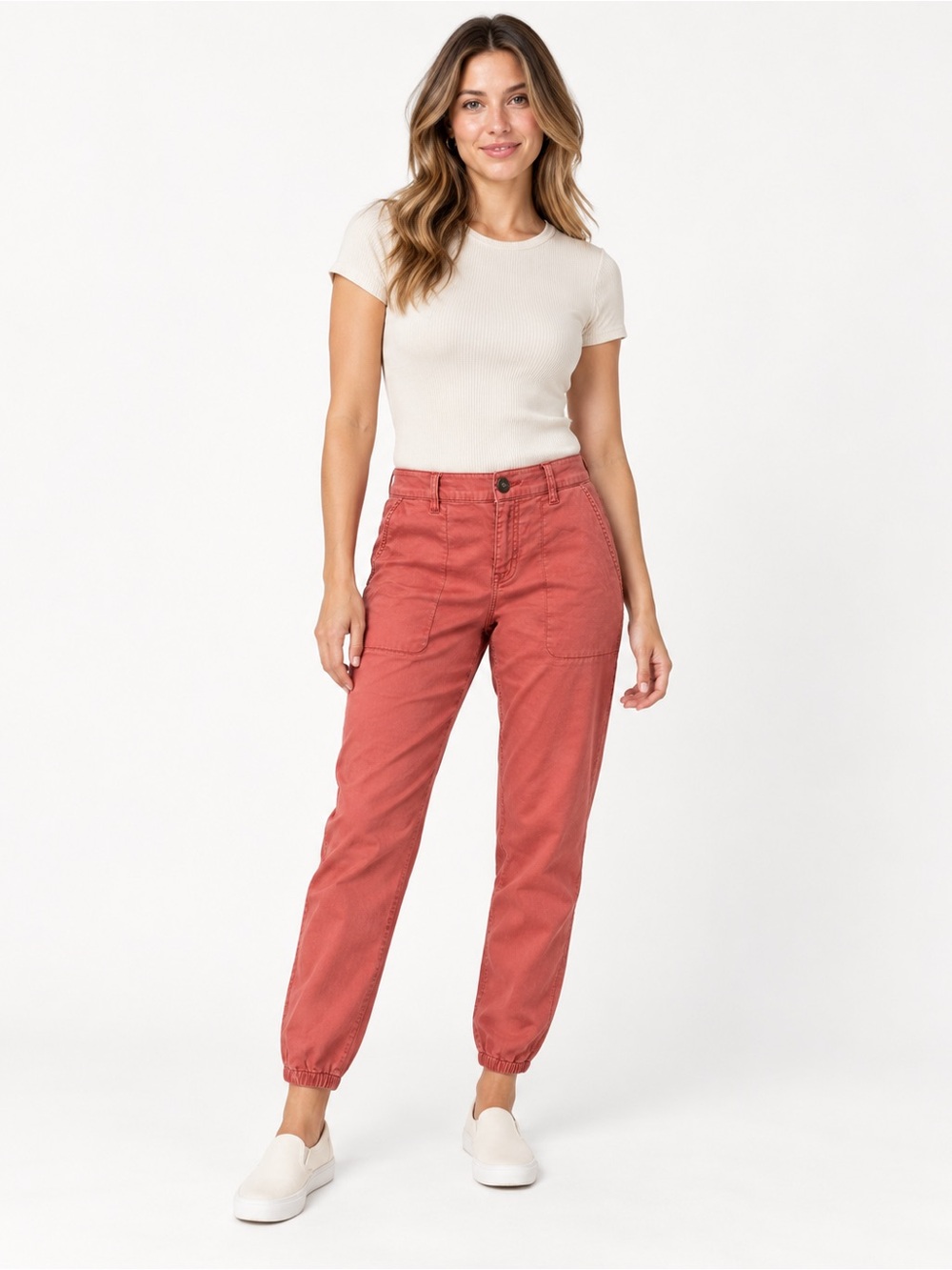 CAbi Hutton Jogger Pants 10 Nantucket Red Coral Stretch Cotton #5178